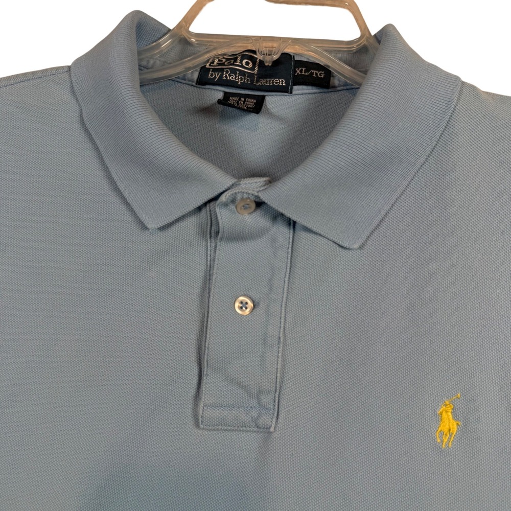 Polo Ralph Lauren Polo Shirt Mens XL Light Blue Short Sleeve Yellow Pony Pique
